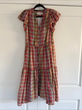 Trovata Birds of Paradise Tiered Button-Front Midi Dress- Red Plaid- Small